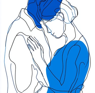 illustration au trait d'un couple attiré l'une par l'autre, une forme  bleue s'est formé chez chacun