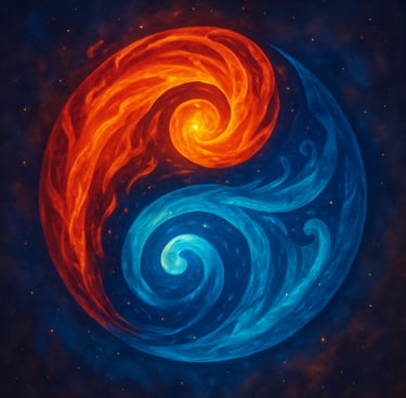 Illustration of the three Ayurvedic doshas — Vata, Pitta and Kapha — with elemental symbols