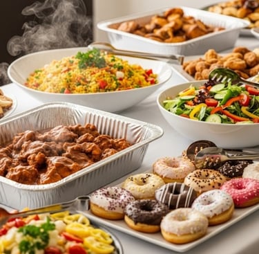Corporate hot food buffet with 2 salads and donuts.