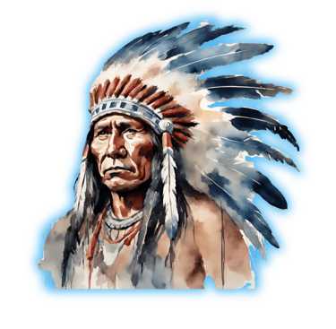 Native American chief facing forward wearing a headdress