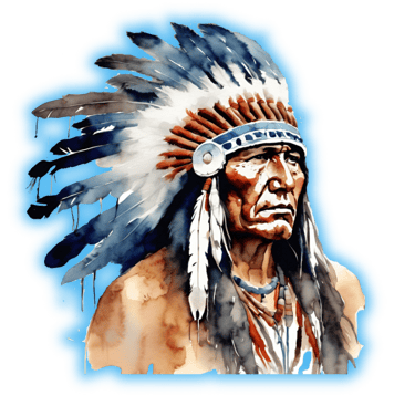 Native American chief painted in watercolor wearing a headdress facing to the right