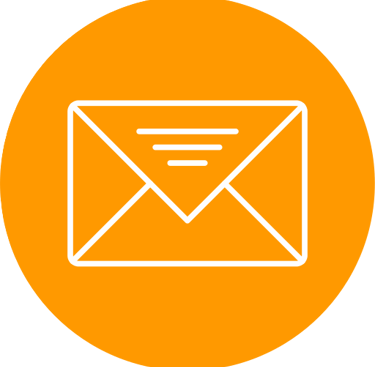 White outline of an envelope icon for email and contact on an orange circle background.