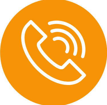 Orange circular telephone icon with white handset and signal waves for contact us support.