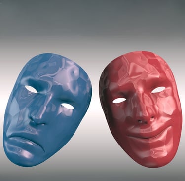 Due maschere artistiche, una blu e una rossa, con texture sfaccettata e stile concettuale.