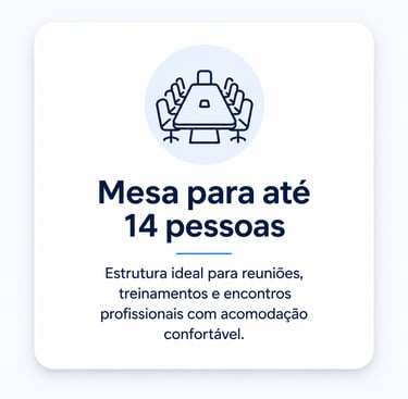 Mesa para até 14 pessoas em sala de reunião