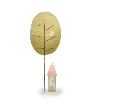 Whimsical house, tree and bird illustration for luxury paper stationery.