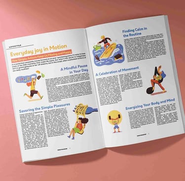 a double spread magazine showing an article and some spot illustrations