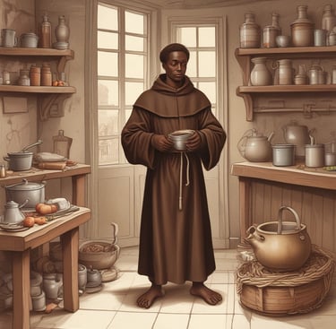 São Benedito trabalhando na cozinha