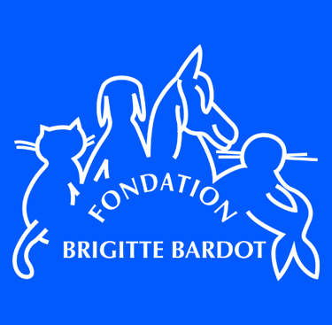 Logo de la Fondation Brigitte Bardot, représentant un chat, un chien, un cheval et un phoque sur fond bleu.