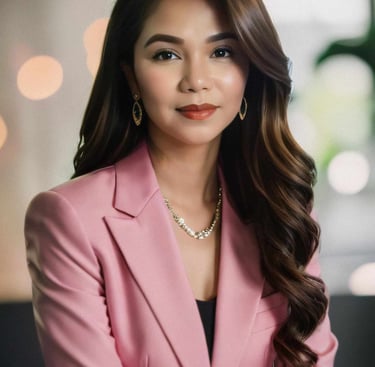 a woman in a pink suit and earrings