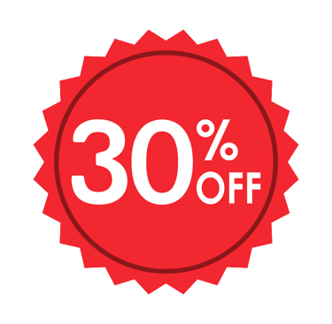 a red badge with the words 30 % off