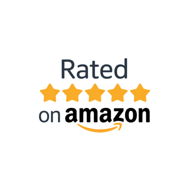 A logo that reads "rated 5 stars on Amazon"