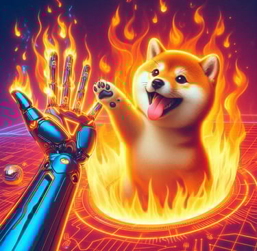 hand of a robot and a shiba inu dog on fire, symbolizing the concept of token burn 