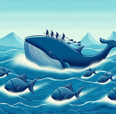 investors standing on the back of a whale, taking on small fish investors