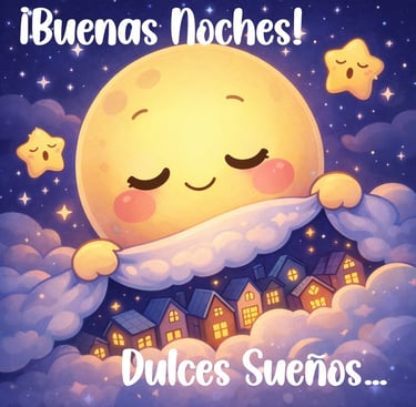luna acobijando una ciudad de ensueños con unas estrellas deseando buenas noches dulces sueños