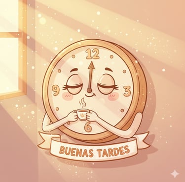 reloj de medio dia tomando café deseando buenas tardes