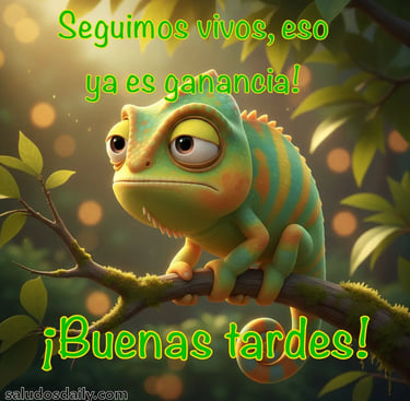 camaleón cansado optimista diciendo seguimos vivos y ya es ganancias buenas tardes