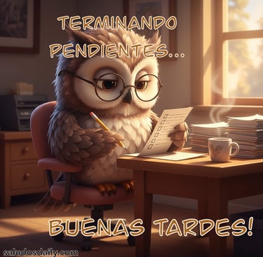 búho con lentes revisando una lista de pendientes sobre un escritorio, en un ambiente de oficina