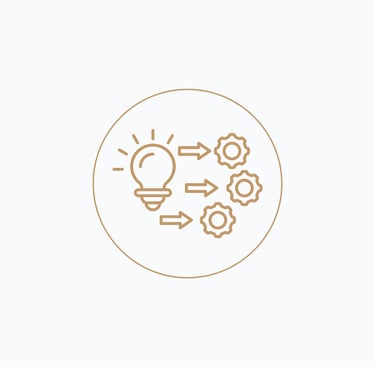 drawing of a light bulb and a gear with arrows in the center