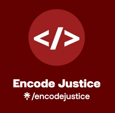 a red and white logo with the words encode justice