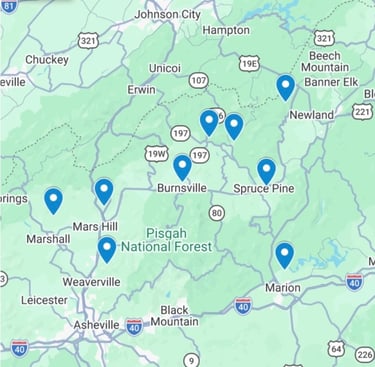 Map of Jack's Locksmith service area with pins on Burnsville, Spruce Pine, Mars Hill, Newland, Marion and Weaverville
