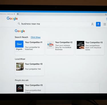 A Google search results page for “business near me” showing only competitors listed at the top, symbolizing poor visibility w