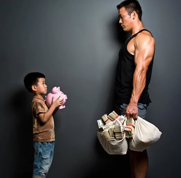 A young boy with a piggy bank looking enviously at a muscular man holding large bags of cash, representing small businesses b