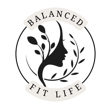 Balanced Fit Life logo featuring a woman's profile silhouette with leaves on a black background.