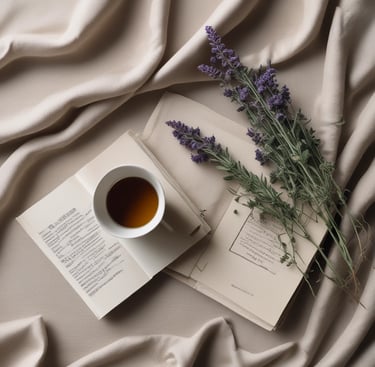 A cup of herbal tea and dried lavender sprigs on an open vintage book over beige linen fabric.