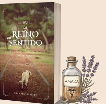 Spanish book Mi Reino Sin Sentido by Lidia Arenón Pérez with lavender and essential oil bottle.