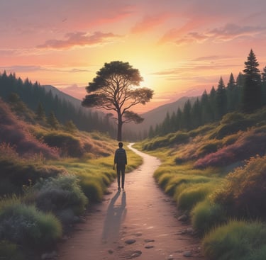 "Un senderista camina por un sendero de montaña serpenteante hacia un árbol solitario durante un pai