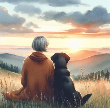 "Ilustración en acuarela de una mujer y su perro negro contemplando el atardecer sobre un paisaje de