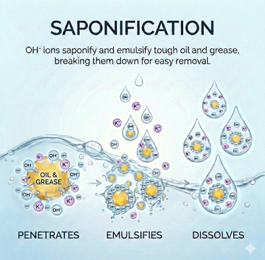 OH⁻ ions saponify and emulsify tough oil and grease, breaking them down for easy removal.