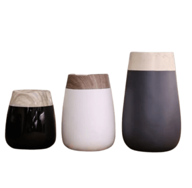 three vases with a wooden base and a vase with a wooden base