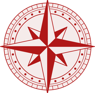 A red and white nautical compass rose graphic with a circular border on a black background.