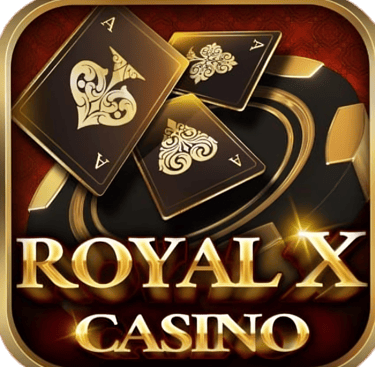 Royal X Casino logo featuring golden ace playing cards and gambling chips on a red background.