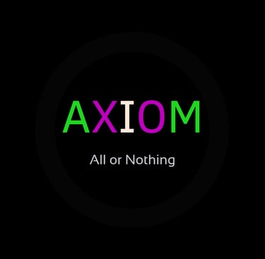 A black square containing the word "AXIOM" in a green, purple, and green gradient font.