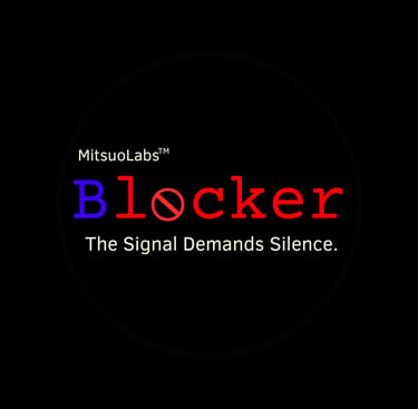 A black square displaying the text "Blocker" in a purple and red font.