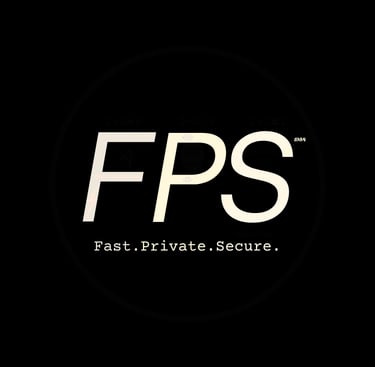 A minimalist black square featuring large, stylized white capital letters that read "FPS".