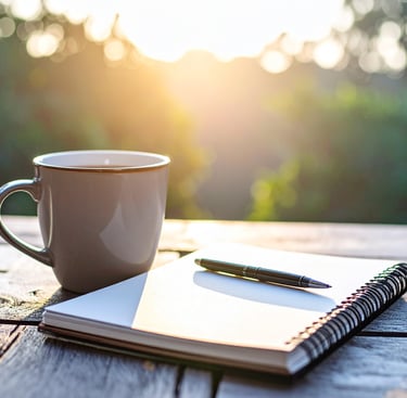A ceramic coffee mug and pen on a spiral notebook at sunrise for morning journaling.
