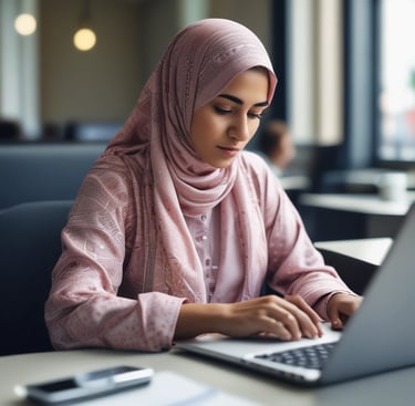 Portrait of Zaisha Fatima working on a laptop in a bright, modern workspace.