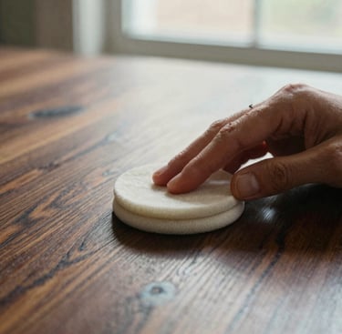 Application du vernis au tampon sur un bois précieux