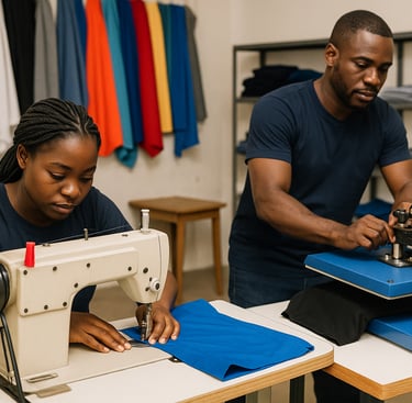 a man and woman working on a sewing machine