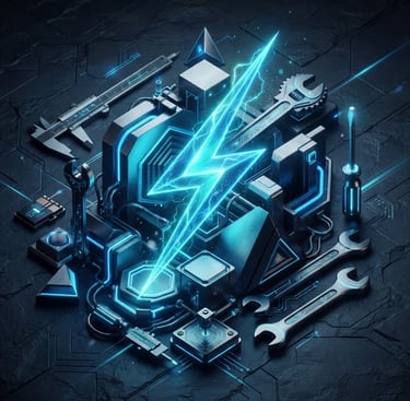 Sleek 3D render of abstract geometric shapes, glowing electric blue lightning bolt, and stylized metallic tools against a dark slate background, isometric perspective, cinematic lighting, no text.