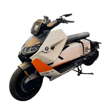 BMW CE 04 electric scooter wrapped in white and orange vinyl finish
