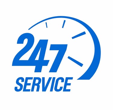 Blue 24/7 service icon with a clock symbol for round-the-clock customer support.