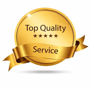 Golden top quality service seal with five stars and a ribbon for business excellence.
