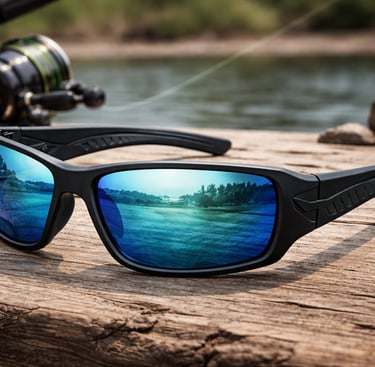 a pair of sunglasses with a fishing rod and a fishing rod