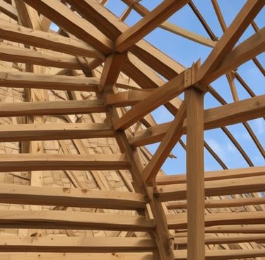 Low angle view of a complex wooden roof frame construction from Eldoret timber suppliers.