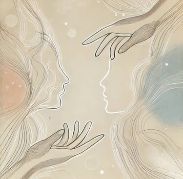 dois rostos se olhando e duas mãos se buscando, representando o encontro e acolhimento psicológico 